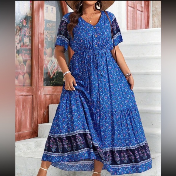 Boho Plus Size Floral Paisley Print Short Sleeve Maxi Dress Blue - Picture 2 of 6